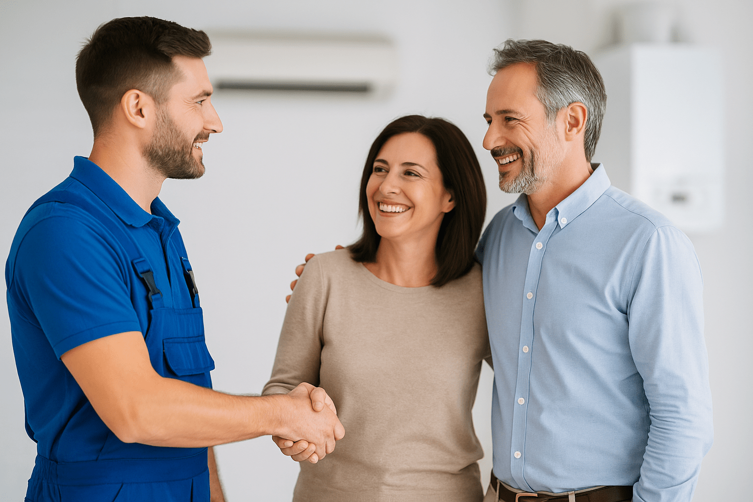servicio técnico especializado en calderas y aires en Madrid - Pareja de 40 años despidiendo al técnico tras reparar su caldera y aire acondicionado en su hogar en Madri